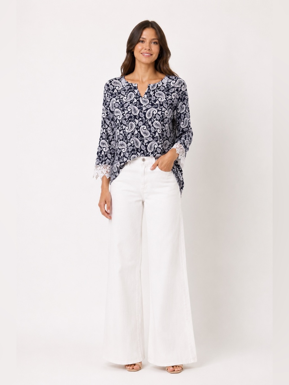 Magnolia South Navy Paisley Blouse Large Crochet Lace Trim 3/4 Sleeve Boho